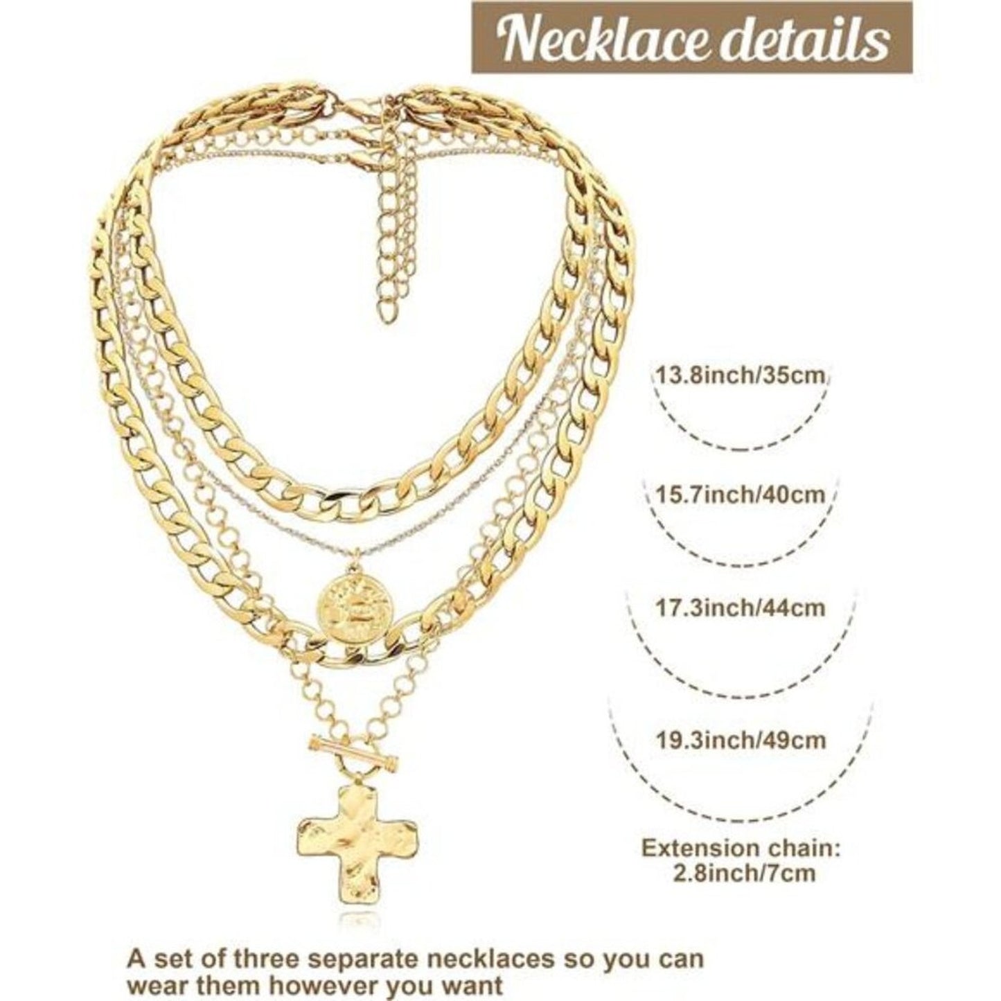 Layered Necklaces Natalia Gold Tone Trendy Retro Coin and Cross Pendant