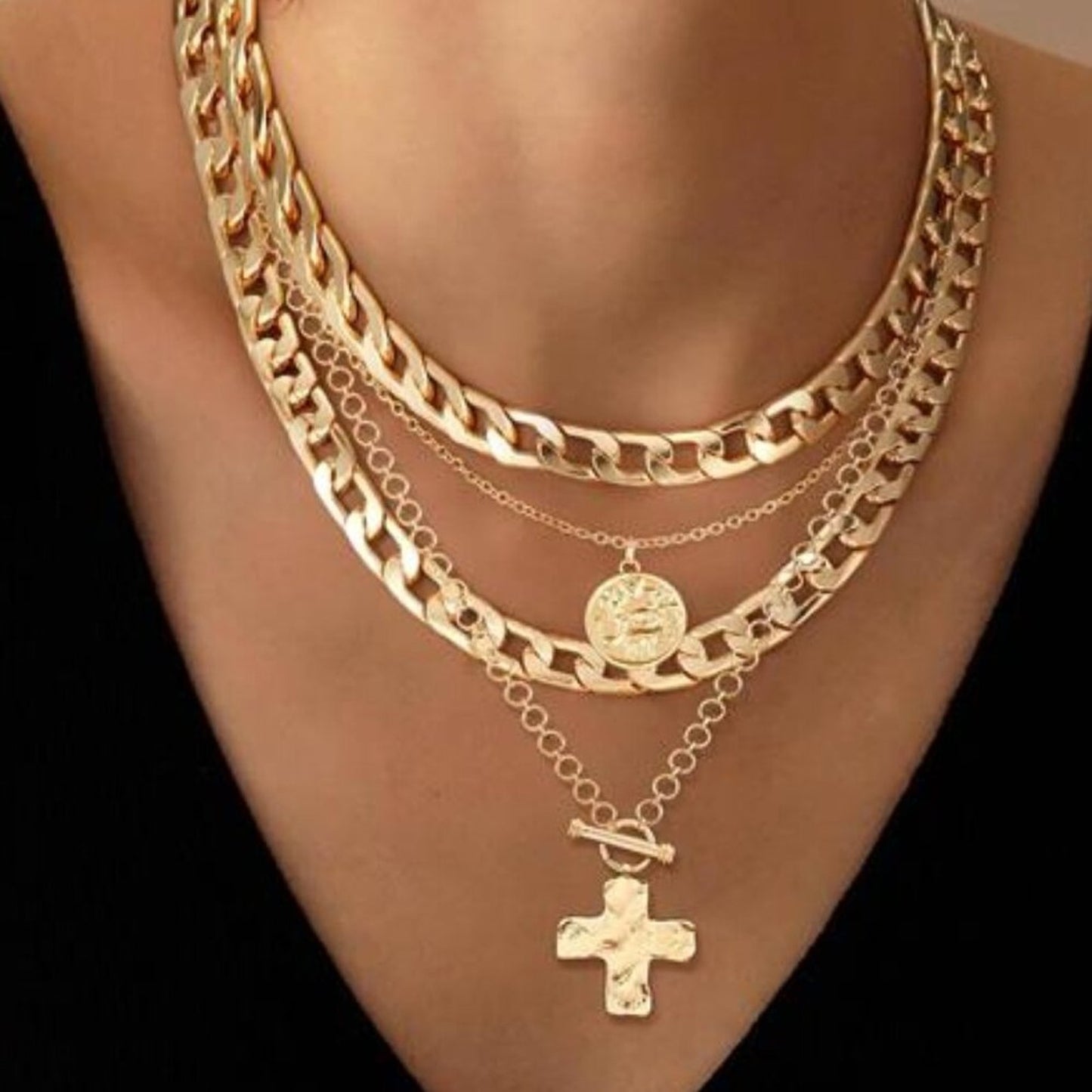 Layered Necklaces Natalia Gold Tone Trendy Retro Coin and Cross Pendant