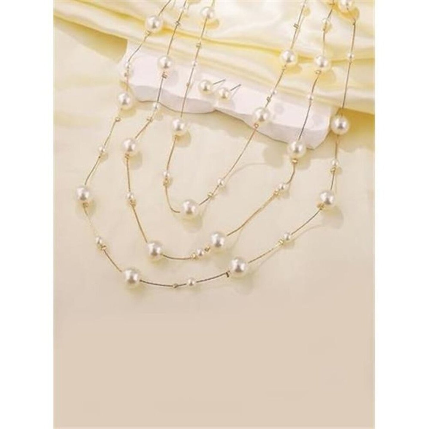 Long Lab Pearl Necklaces Three-Strand Long Chains Beads Necklaces & Earrings