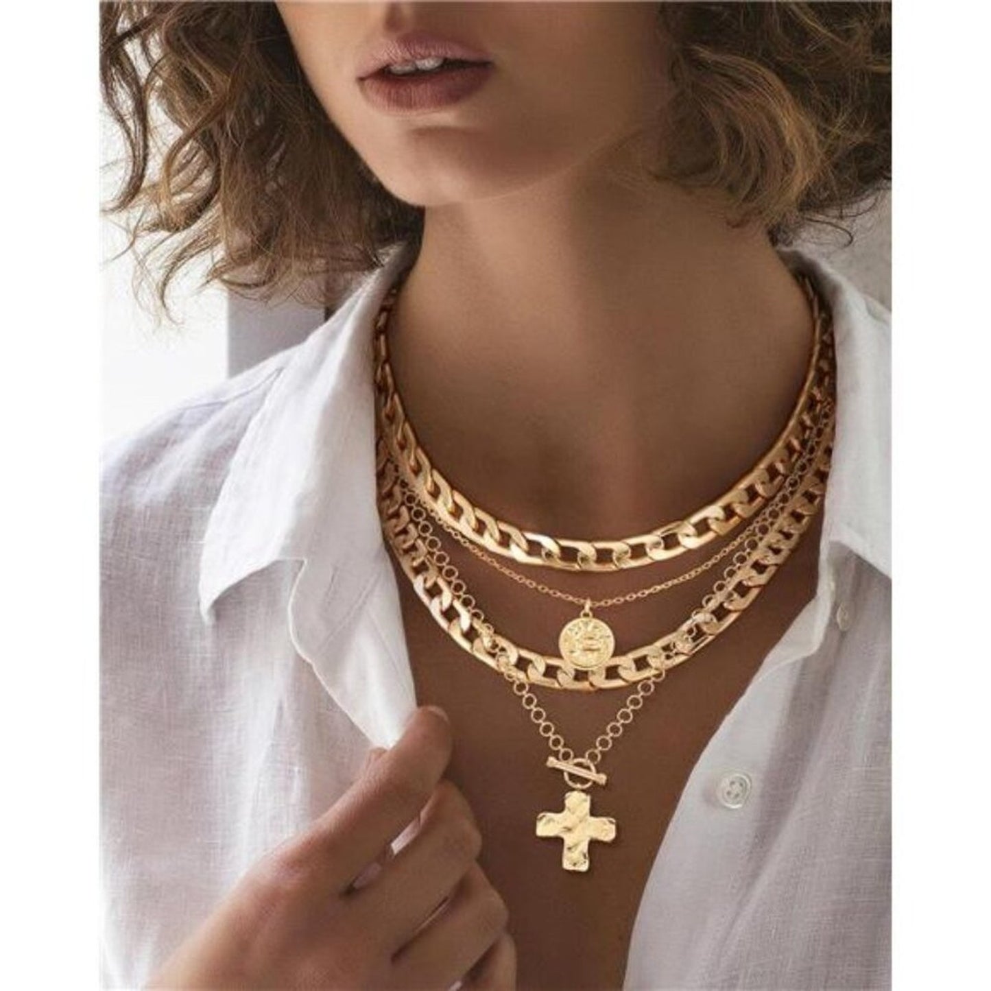 Layered Necklaces Natalia Gold Tone Trendy Retro Coin and Cross Pendant